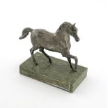 A silver model of a horse, by E. Barnard, London 1974, on a green hard stone base, height on