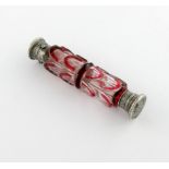 A Victorian silver-mounted double-ended scent bottle, unmarked, cylindrical form, with red overlay