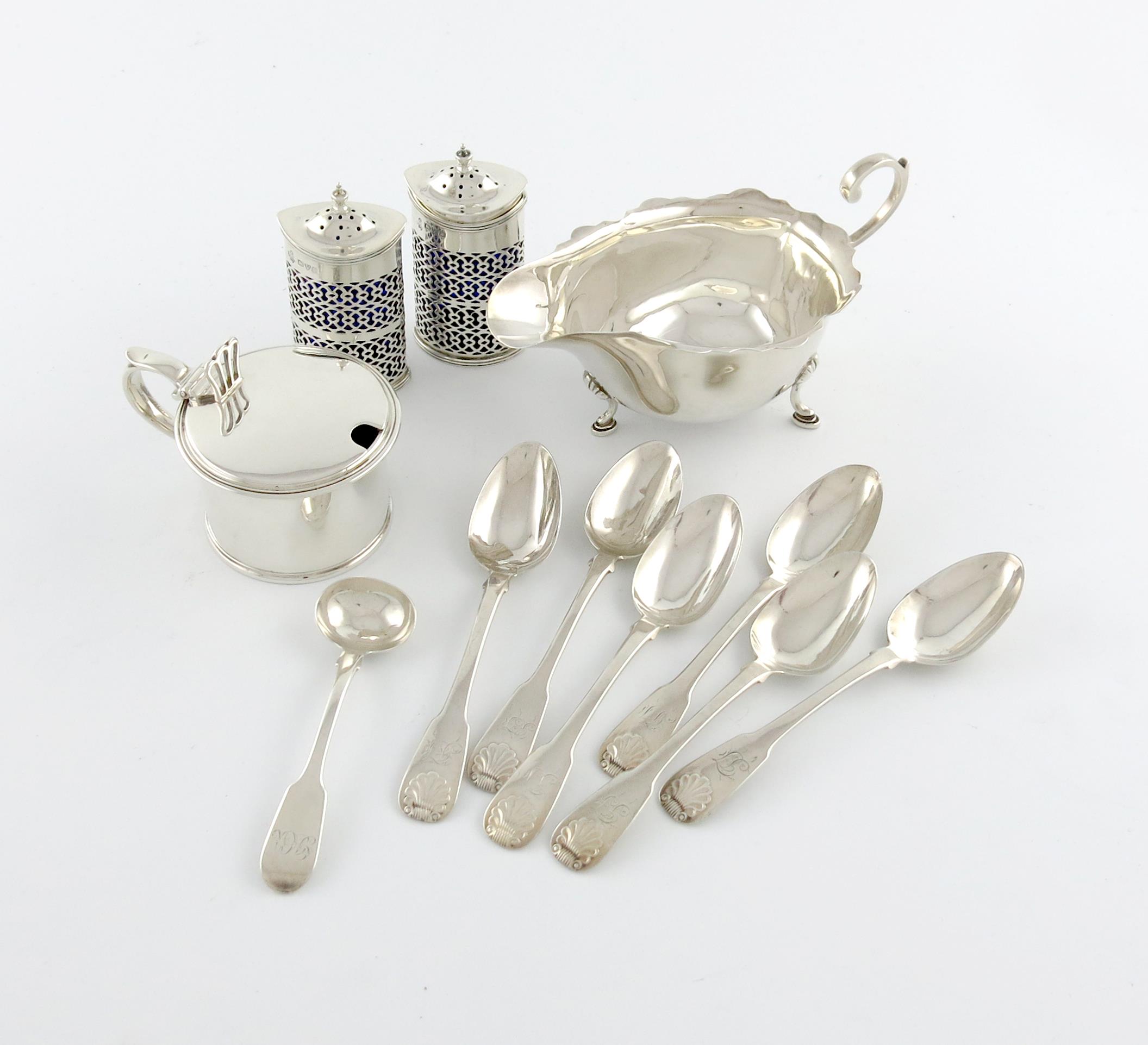 A mixed lot of silver items, various dates and makers, comprising: a George IV mustard pot, London