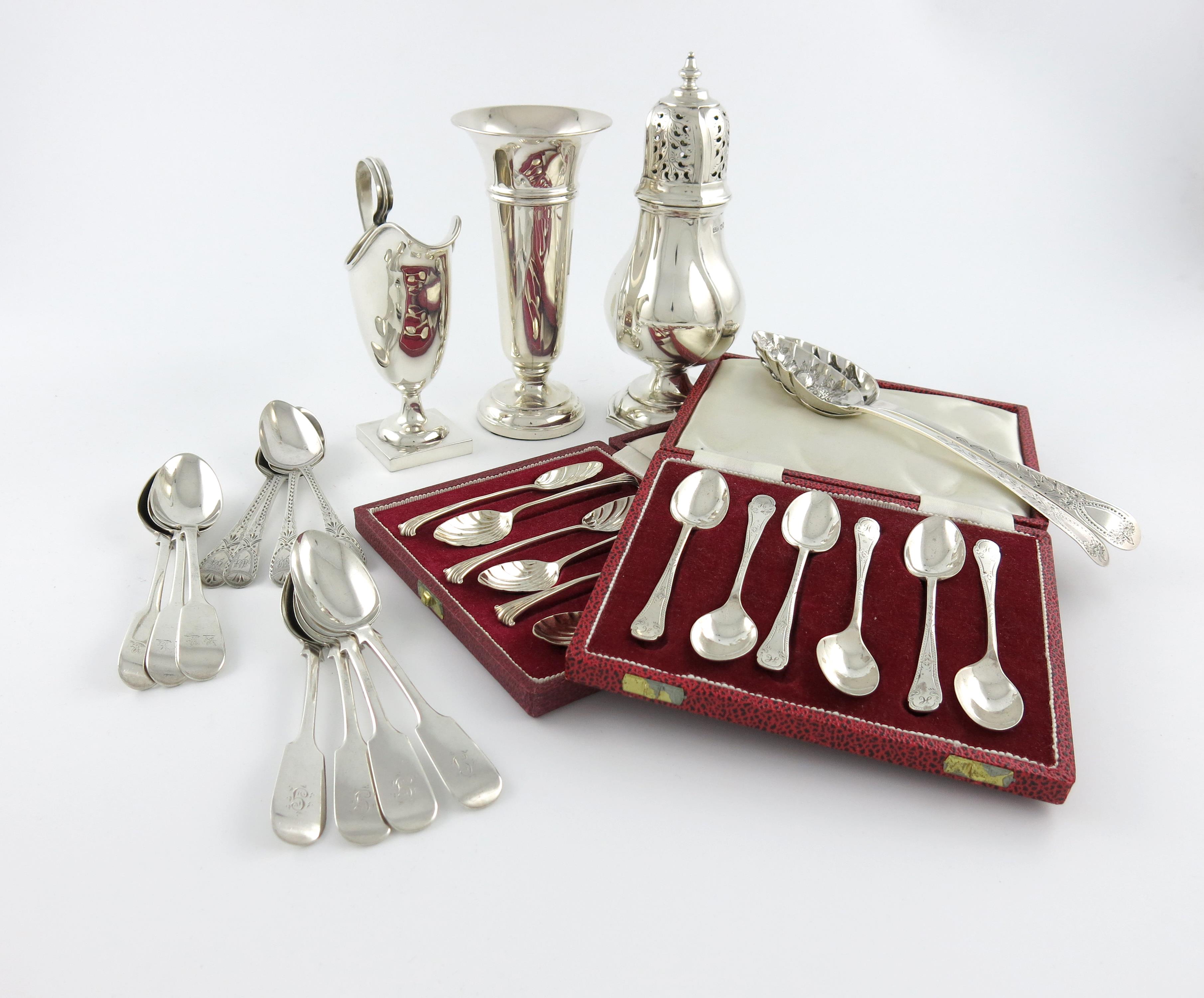 A mixed lot of silver items, various dates and makers, comprising: a sugar caster, by The Harrison