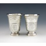 Two 18th century French silver beakers, one Paris, the other provincial, marks worn, tapering