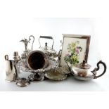A mixed lot of old Sheffield plate and electroplate, comprising: a kettle on stand, a wirework