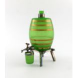 By Asprey and Co, and electroplated mounted green glass spirit barrel, the upright barrel with a