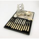 λ A mixed lot of silver items, comprising: a George IV silver four-bottle cruet frame, by Joseph