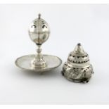 A 19th century South American silver incense / perfume burner, unmarked, lobed globular form, the