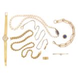 Assorted jewellery, including a single row cultured pearl necklace, the fifty five pearls graduating