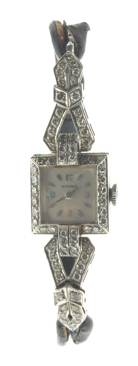 A lady's Art Deco cocktail wristwatch by Movado, the square signed dial with Arabic and baton