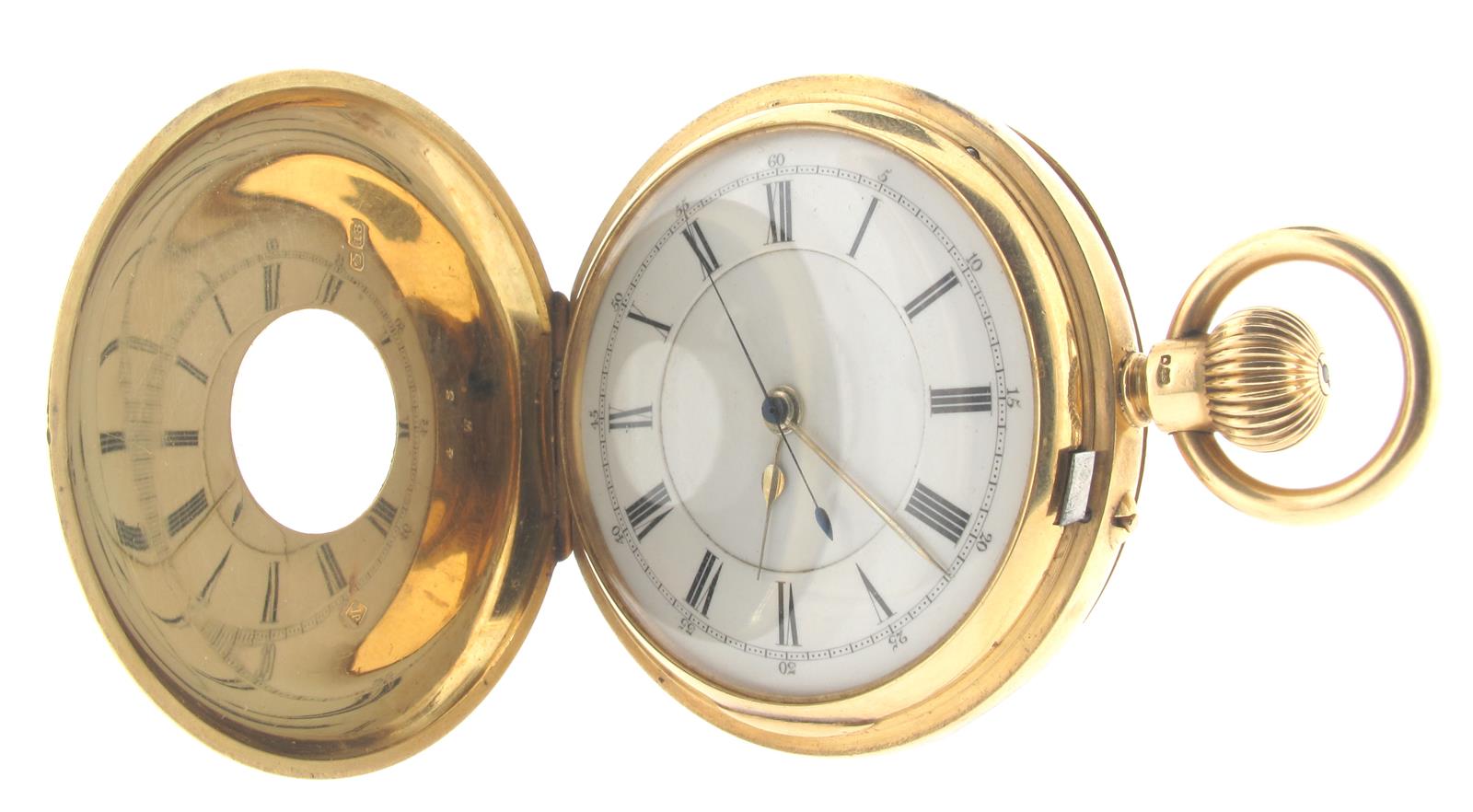 An 18ct yellow gold half hunting cased pocket watch, blue enamel outer chapter ring with Roman