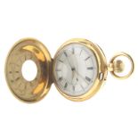 An 18ct yellow gold half hunting cased pocket watch, blue enamel outer chapter ring with Roman