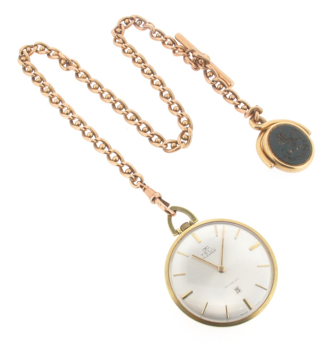 An open-faced gilt metal stem-wind pocket watch, 4cm wide, silver dial with gold bar numerals.
