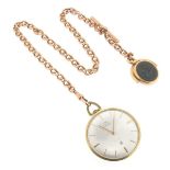 An open-faced gilt metal stem-wind pocket watch, 4cm wide, silver dial with gold bar numerals.