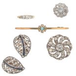 A diamond-set five stone gold ring, size K 1/2. An opal and seed pearl set gold bar brooch. A pair