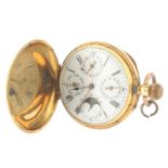 An 18ct gold cased stem-wind pocket watch, the white enamel dial with subsidiary moon phase dial,