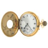 An 18ct yellow gold half hunting cased stem-wind pocket watch, blue enamel outer chapter ring with