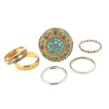 A Victorian turquoise-set brooch, with three gold rings and a platinum ring.
