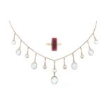 A topaz and pearl fringe necklace, the fine link gold necklace alternately suspends graduated oval-