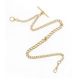 An 18ct gold tapered curb link watch chain, with swivel clips and T-bar. 48.4g, 43cm.