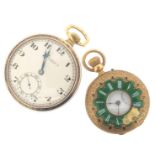 A gold half hunting cased fob watch, with green guilloche enamel chaptering and white enamel Roman
