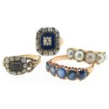 A diamond and blue enamel decorated George III cluster ring, size K. An early 19th century gold ring
