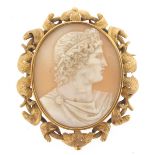 A carved shell cameo brooch, depicting a gentleman in the classical manner, within a foliate