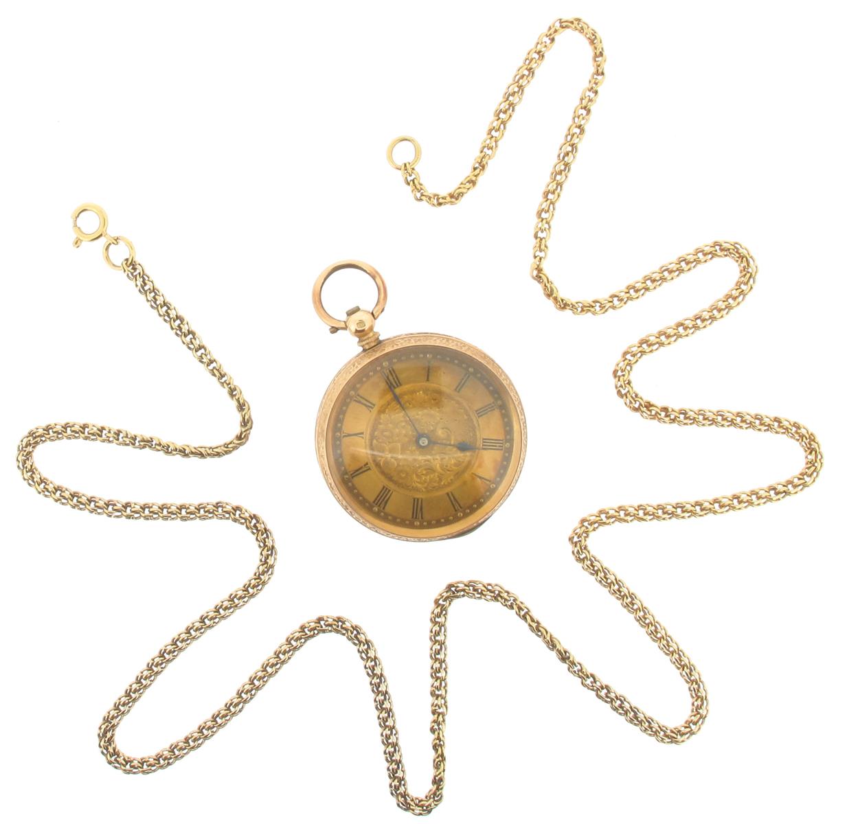 An open-faced yellow gold fob watch, foliate engraved dial with black Roman numerals and with a