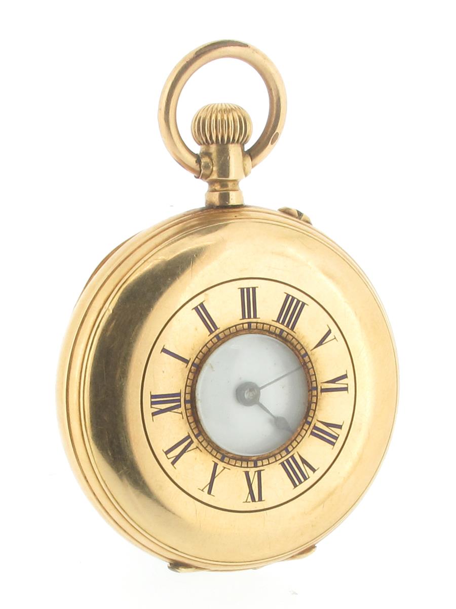 A yellow gold half hunting cased fob watch, blue enamel outer chapter ring with Roman numerals.