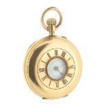 A yellow gold half hunting cased fob watch, blue enamel outer chapter ring with Roman numerals.