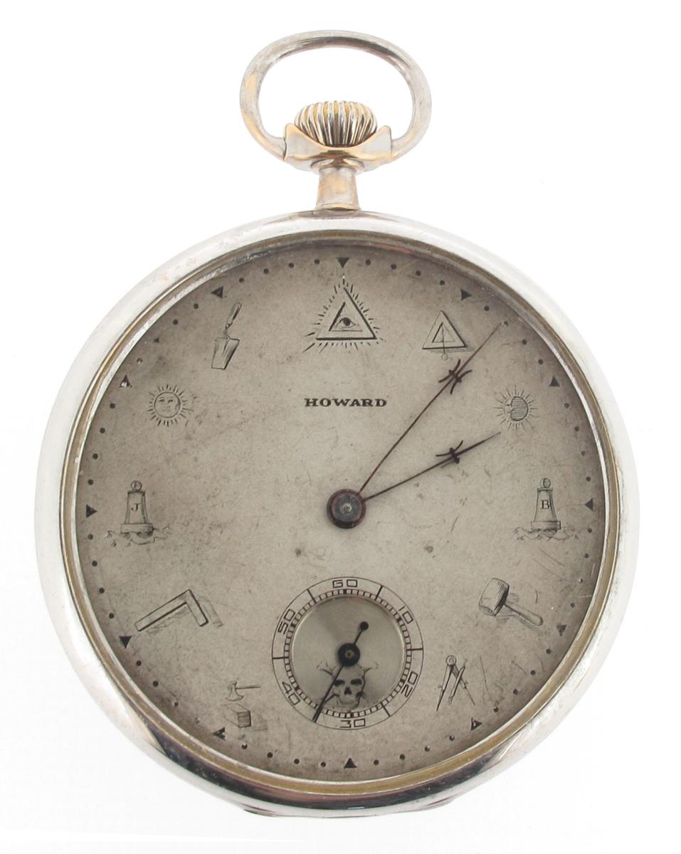 A 14ct white gold watch with Masonic dial, damascened nickel keyless lever movement signed E. Howard