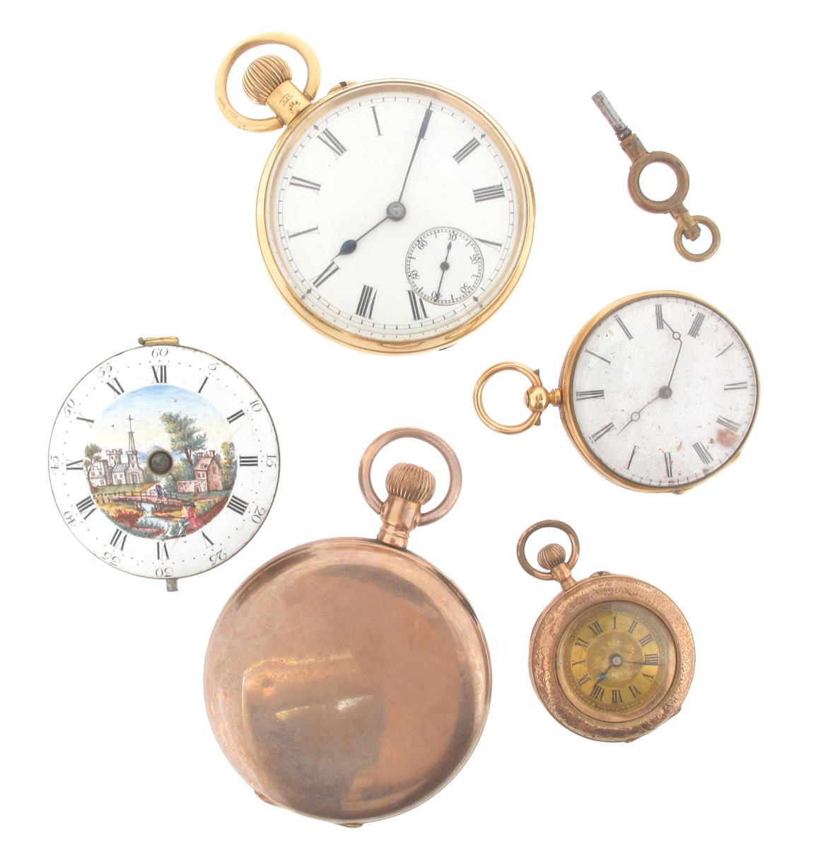 An 18ct gold open faced pocket watch, the white enamel dial with black Roman numerals and subsidiary
