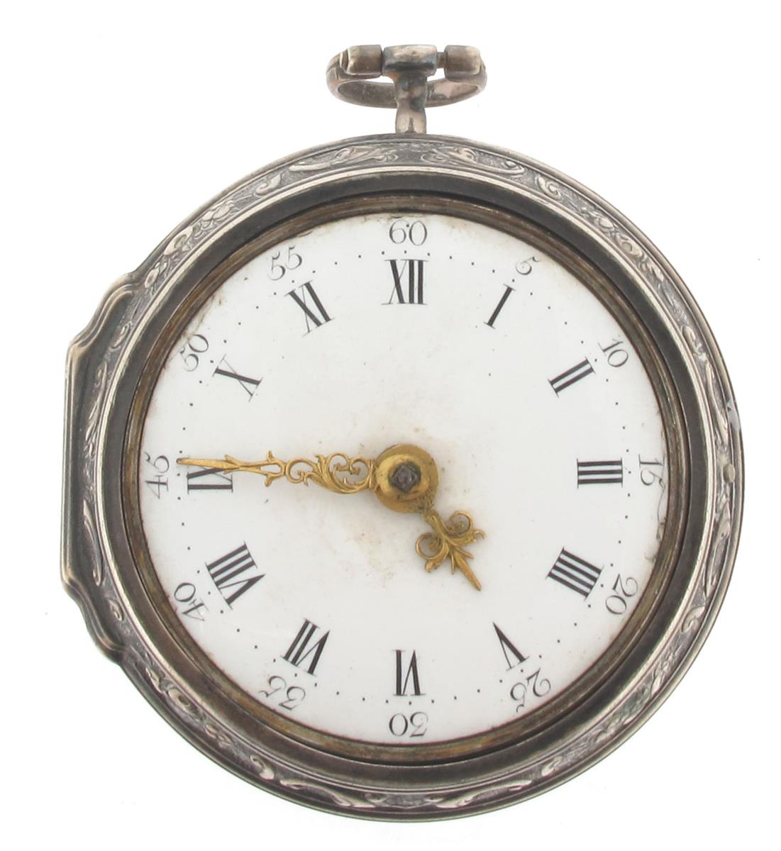 An 18th century silver pair cased pocket watch, white enamel dial with black Roman numerals.