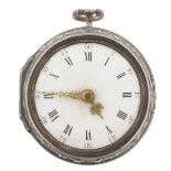 An 18th century silver pair cased pocket watch, white enamel dial with black Roman numerals.