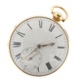An 18th century open-faced 18ct gold key-wind pocket watch, white enamel dial (hair cracks) with
