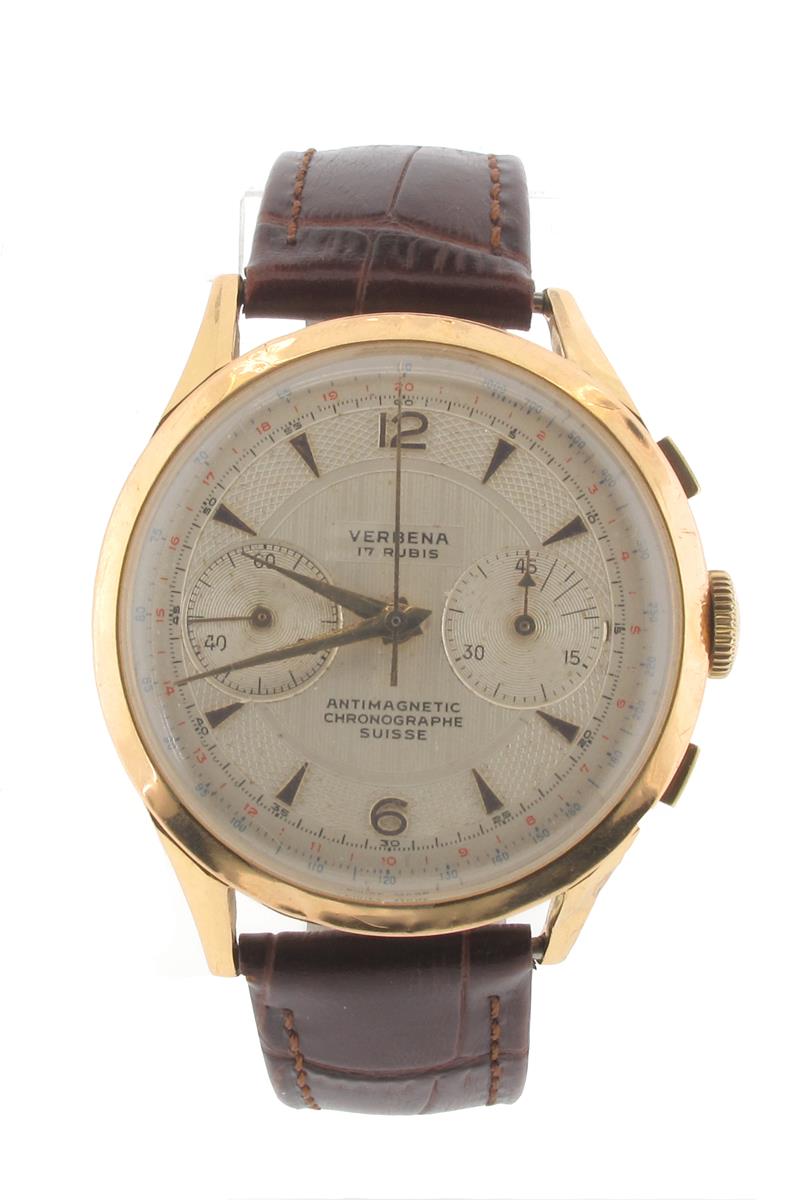 A gentleman's gold wristwatch by Verbena, the signed dial with applied gold baton numerals. Manual