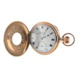 A 9ct gold half hunting cased stem-wind pocket watch, the white enamel dial with black Roman