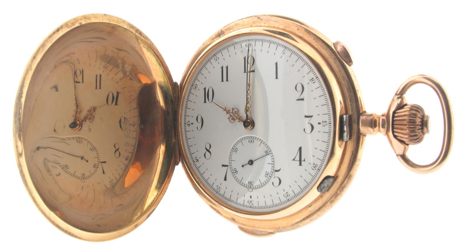 A 14ct gold hunting cased repeating chronograph stem-wind pocket watch, white enamel dial with black