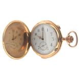 A 14ct gold hunting cased repeating chronograph stem-wind pocket watch, white enamel dial with black