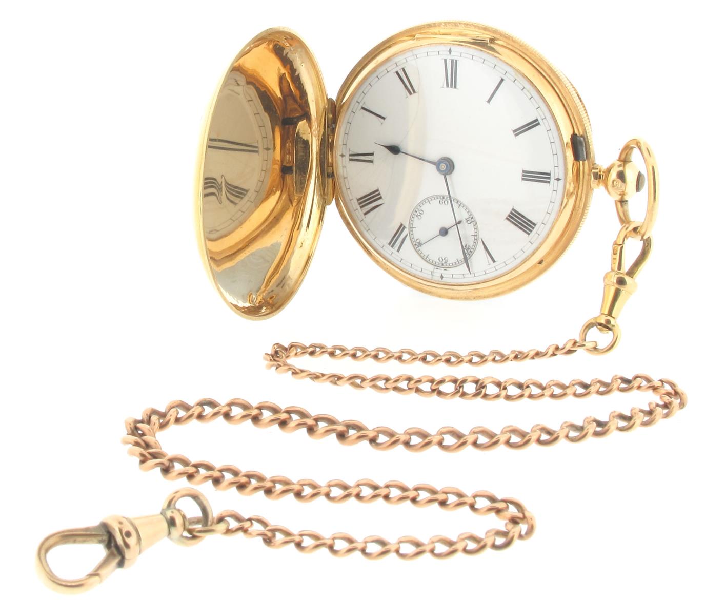 An 18ct yellow gold hunting cased pocket watch, white enamel dial with black Roman numerals and