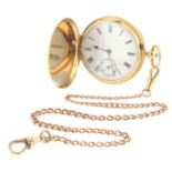 An 18ct yellow gold hunting cased pocket watch, white enamel dial with black Roman numerals and