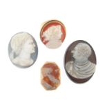 A hardstone cameo ring, depicting a women in the classical manner in a gold mount. Cased. With two