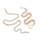 A gold curb link watch chain, 48.1g, 29cm. And another gold curb link watch chain, 37.2g, 42.0cm.