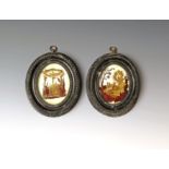 A pair of miniature oval reverse glass or verre églomisé paintings 18th century, painted in gilt and