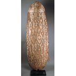 An Asmat shield Irian Jaya, Melanesia wood, with carved stylized decoration, with red, white and