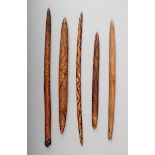 Five Aborigine sorcery sticks Western Australia wood, with pointed ends, two being flattened and one