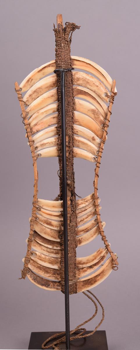 A Papua New Guinea chest ornament tusks, shells and fibre, 26cm high, on a stand. (2) - Image 2 of 2