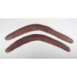 Two Aborigine boomerangs Western Australia wood, both with a textured finish, one with incised