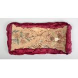 A North American birch bark and quill envelope container with dyed floral designs and silk sides,