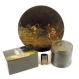 A small collection of late 19th century Russian lacquer items, comprising: a tea caddy, the hinged
