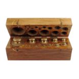 A set of sixteen brass metric weights, from 5kg - 1g, mounted in a wooden box with steel tweezers,