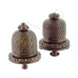 Treen. Two 19th century turned beehive string boxes, 11cm high (max). (2)