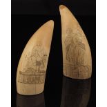 Two sailor's scrimshaw whale's teeth, one decorated with a lady beside a tree stump, the other